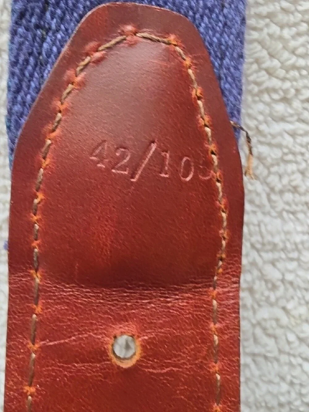 YRI Brown Leather Belt — Embossed USA Made Logo Navy And White Gingham Size 42